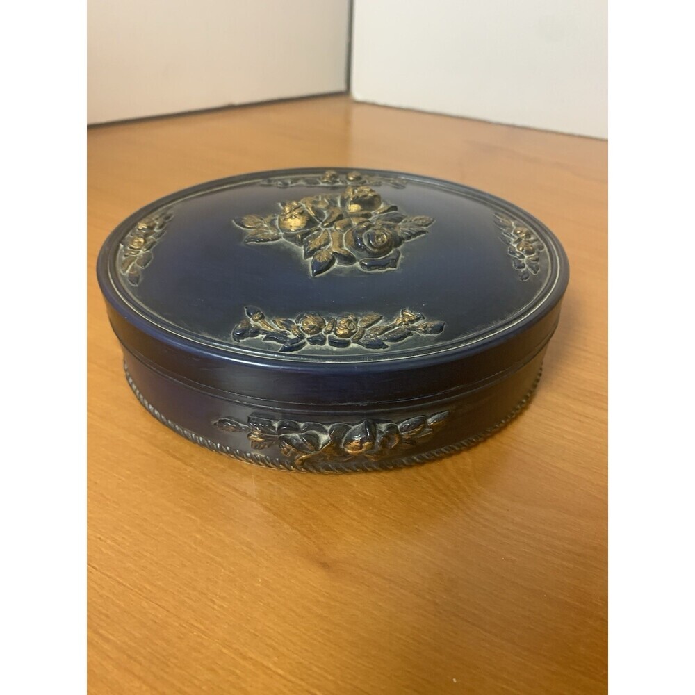 Vintage Navy Trinket Box Gold  3D Roses Wood 6”x5”